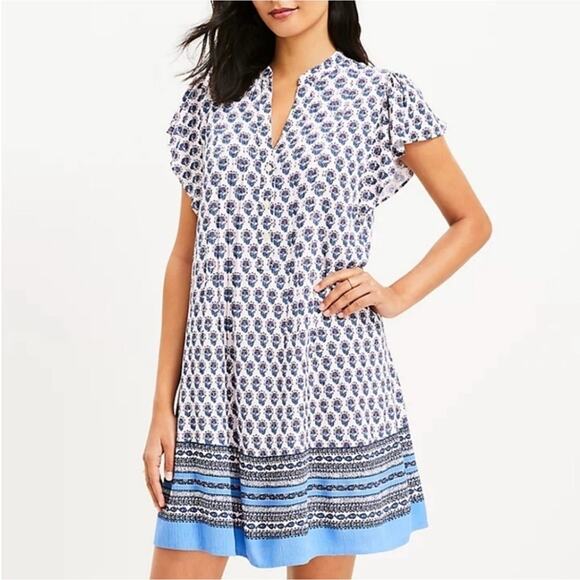 LOFT Border Floral Pleated Ruffle Sleeve Swing Dress S Petite - Picture 1 of 7